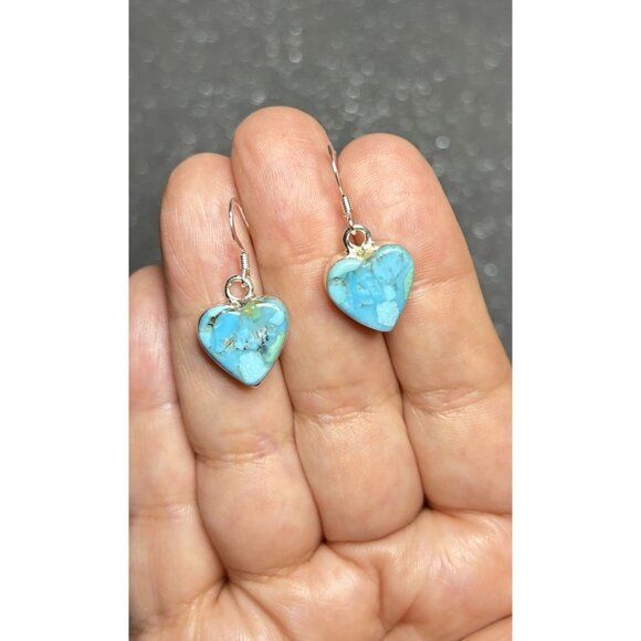 Navajo Sterling Silver Genuine Turquoise Handmade Heart Dangle Earrings - Picture 1 of 4